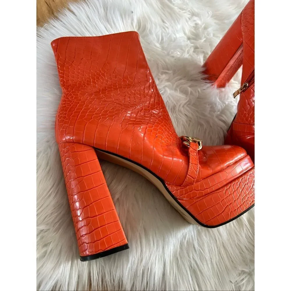 Ego orange Chunky Heels Short Boots, Waterproof Platform Back Zipper High Heel B